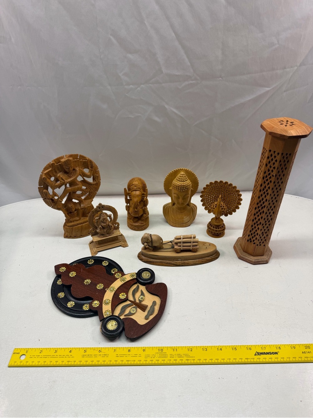 Vintage Indian Hand‑Carved Hindu & Buddhist Sculpture Set – 9‑Piece Wooden Decor